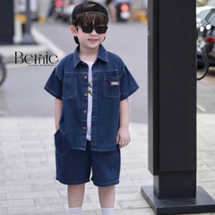 Set bộ sơ mi denim cho bé trai áo sơ mi phối túi kèm quần short size 9 đến 28kg BERNIE T0126B13Đ