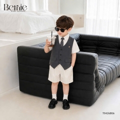 Set bộ vest gile Quý tộc cho bé trai áo sơ mi tay ngắn phối gile kèm quần và nơ cà vạt 9 tới 25kg BERNIE T0426B06