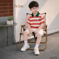 Set bộ thun áo polo tay ngắn họa tiết kẻ sắc màu kèm quần short kaki cho bé trai size 11 đến 28kg BERNIE H0226B37