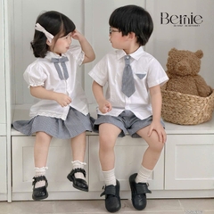 Set sơ mi kẻ Blue Schoo cho bé trai bé gái áo sơ mi trắng kèm quần hoặc chân váy cùng cà vạt và nơ rời size 11 tới 28kg BERNIE V0526B73