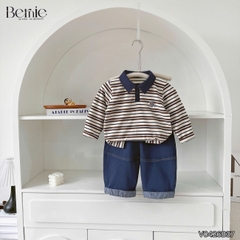 Set bộ dài tay cho bé trai áo polo họa tiết kẻ thêu Dog phối quần dài suông denim size 11 tới 28kg BERNIE V0426B37