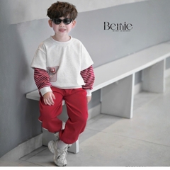 Set bộ cotton phối kẻ BNE Sport áo tay dài kèm quần cho bé trai size 9 tới 25kg BERNIE T0526B35