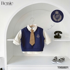 Set bộ 4CT áo sơ mi tay dài áo gi lê rời thêu phù hiệu kèm cà vạt và quần kaki size 1 đến 7 tuổi BERNIE T0526B71