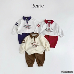 Set bộ polo thu đông cho bé trai áo polo tay dài phối sọc Brooklyn kèm quần dài size 9 tới 26kg BERNIE V0526B31