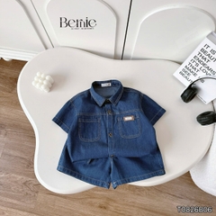 Set bộ sơ mi denim cho bé trai áo sơ mi phối túi kèm quần short size 9 đến 28kg BERNIE T0126B13Đ