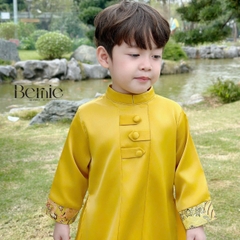 Áo dài bé trai kèm quần bé trai lụa gân màu đỏ màu vàng phối gấm rồng BERNIE bé từ 9 đến 24kg 22b490
