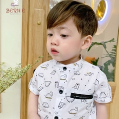 Set đồ bộ sơ mi tơ đũi ngắn tay cho bé trai đi biển đi chơi áo họa tiết hoa lá cây dừa nổi bật kèm quần BERNIE