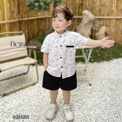 Set đồ bộ sơ mi tơ đũi ngắn tay cho bé trai đi biển đi chơi áo họa tiết hoa lá cây dừa nổi bật kèm quần BERNIE