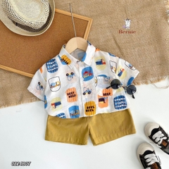 Set sơ mi tơ đũi cho bé trai đi biển đi chơi áo họa tiết hoa lá cây dừa nổi bật kèm quần BERNIE