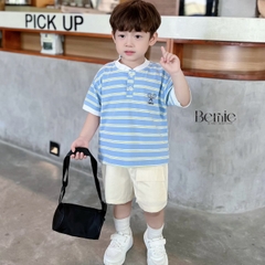Set bộ thun ngắn tay kẻ thể thao cho bé trai in tennis kèm quần short kaki đắp túi 1 đến 7 tuổi BERNIE 0424B36