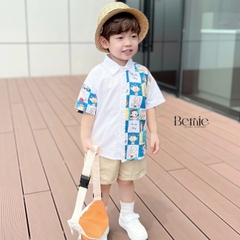 Set sơ mi họa tiết hoạt hình cho bé trai kèm quần short kaki ngắn đi chơi đi học 1 đến 7t BERNIE 0324B11