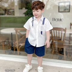 Set bộ sơ mi họa tiết gấu trúc ngắn tay cho bé trai kèm quần short jean size 1 đến 7 tuổi BERNIE 0124B17