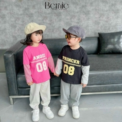 Set bộ thun dài tay cotton phối tay sọc in chữ số cho bé trai bé gái đi chơi đi học 1đến 7tuổi BERNIE 0524B35