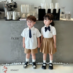Set đồ sơ mi ngắn tay đồng phục đôi cho bé trai bé gái kèm cà vạt nơ đi học đi chơi 11 tới 28kg BERNIE 0724B41G