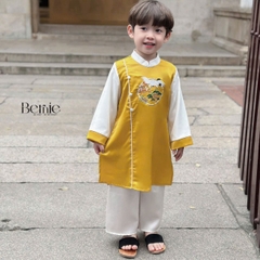 Áo dài cách tân bé trai mặc tết chất lụa in phối màu thêu hạc, màu đỏ màu vàng cho bé trai 10 đến 25kg BERNIE H1024B17