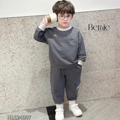 Set dài bé trai thể thao tay dài phối màu chất da cá họa tiết thêu gấu size 1 đến 7 tuổi BERNIE H1124B07