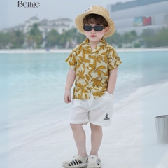 Set sơ mi đũi unisex bé trai bé gái đi biển họa tiết đi biển lá nổi bật size 1 đến 7 tuổi BERNIE 0124B39