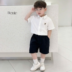 Áo sơ mi trắng xanh cộc tay phối gấu Bernie – Sự lựa chọn đáng yêu cho bé từ 1 đến 7 tuổi