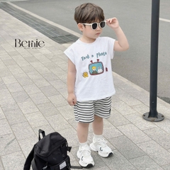 Set bộ tanktop bé trai áo thun ba lỗ in họa tiết kèm quần short kẻ sọc 1 đến 7 tuổi BERNIE T0225B28