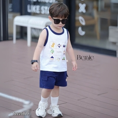 Set bộ ba lỗ cho bé trai áo thun ba lỗ in họa tiết kèm quần thun cotton 4 chiều 1 đến 7 tuổi BERNIE T0225B29