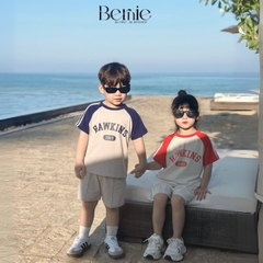 Set bộ tay ngắn thể thao áo raplang họa tiết Hawkins kèm quần short cho bé trai bé gái size 1 đến 7 tuổi BERNIE P0225B14