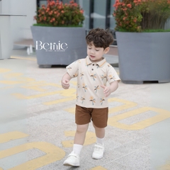 Set bộ polo cho bé trai màu nâu họa tiết cây dừa in tràn kèm quần short đùi kaki 1 đến 7 tuổi BERNIE H1124B14