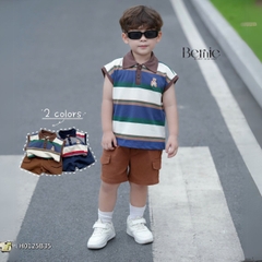 Set bộ polo kẻ ngang tanktop thêu gấu cho bé trai kèm quần short jean phong cách Hàn quốc 9 đến 28kg BERNIE H0125B35