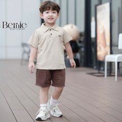 Set bộ polo tay ngắn màu nâu họa tiết in túi và chữ kèm quần short bé trai 1 đến 7t BERNIE H0225B25