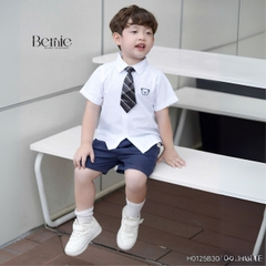 Set bộ sơ mi tay ngắn thêu gấu kèm cà vạt rời và quần short cho bé trai từ 9 đến 25kg BERNIE H0125B30