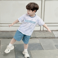 Set bộ loang tay ngắn cho bé trai họa tiết in chữ áo thun phối màu kèm quần short jean size 9 đến 28kg BERNIE H1124B83