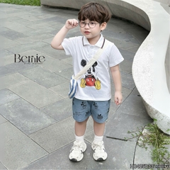 Set bộ tay ngắn cho bé trai áo polo họa tiết mickey và quần short jean in tràn size 1 đến 7 tuổi BERNIE Kids H0425B33