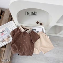 Set bộ polo tay ngắn cổ dệt màu nâu họa tiết gấu kèm quần short đùi kaki 1 đến 7 tuổi BERNIE T0225B23