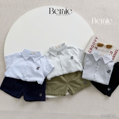 Set sơ mi ngắn tay kẻ sọc bé trai họa tiết thêu cáo kèm quần short cho bé từ 9kg tới 28kg BERNIE P0125B28