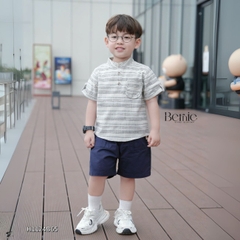  Set bộ sơ mi cổ trụ kẻ ngang phối túi viền kèm quần short kaki cho bé trai size 9 đến 28kg BERNIE H1124B65