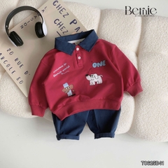 Set bộ polo tay dài áo polo đỏ họa tiết cún cho bé trai kèm quần jean dài size 1 đến 7 tuổi BERNIE T0625B41