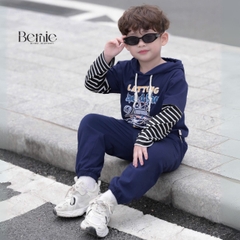 Set bộ tay dài thể thao unisex tay áo phối kẻ áo có mũ họa tiết ô tô đi chơi đi học 1 đến 7 tuổi BERNIE H0725B55