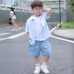 Set sơ mi 3 món đi biển đi chơi phong cách hàn quốc cho bé trai áo sơ mi áo ba lỗ và quần short cho bé trai size 1 tới 7 tuổi BERNIE H0725B74