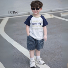 Set bộ tay ngắn raplang phối màu áo thun họa tiết Tomorrow và quần short jean bé trai 1 đến 7 tuổi BERNIE H0725B19