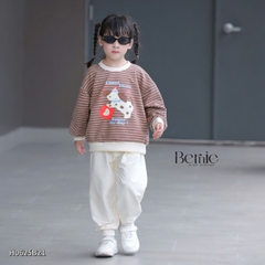 Set bộ nỉ tay dài kẻ sọc ngang phối màu họa tiết hình in cún dễ thương kèm quần dài unisex bé trai bé gái size 1 đến 7 tuổi BERNIE H0625B21