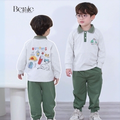 Set bộ polo thun cotton dài tay áo polo họa tiết hình in kèm quần dài cho bé trai size 9 tới 28kg BERNIE T0725B35