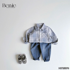 Set bộ bé trai áo sơ mi dài tay kẻ Coolboy kèm quần jean dài size 9 tới 28kg BERNIE H0725B79