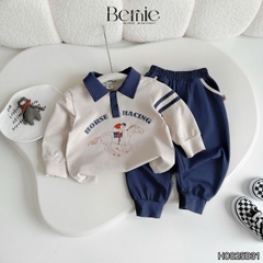 Set bộ bé trai áo thun polo cotton tay dài phối màu họa tiết ngựa kèm quần dài size 9 tới 28kg BERNIE H0825B31