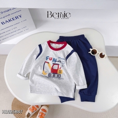 Set bộ dài tay cố áo và tay phối màu chất cotton họa tiết xe cẩu kèm quần dài size 9 tới 25kg BERNIE H1025B47