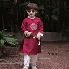 Set áo dài bé trai kèm quần chất lụa vân gỗ họa tiết thêu Hạc xuân mặc Tết size 9 đến 25kg BERNIE H0925B09