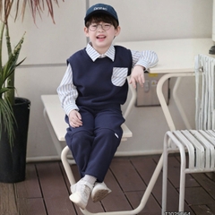 Set gilê kẻ 3 chi tiết áo sơ mi dài tay áo gi lê quần kaki cho né trai 1 đến 7 tuổi BERNIE 0724B40