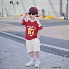 Set bộ thể thao phối màu tay ngắn họa tiết số 87 kèm quần short cho bé trai size 9 tới 28kg BERNIE T1025B65Đ
