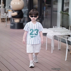 Set bộ thể thao tay ngắn họa tiết kẻ sọc số 23 cho bé trai kèm quần short size 9 tới 28kg BERNIE T1025B66Đ