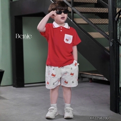 Set bộ Polo Crab màu đỏ cho bé trai áo thun polo tay ngắn và quần short kaki họa tiết size 9 tới 28kg BERNIE H1225B20Đ