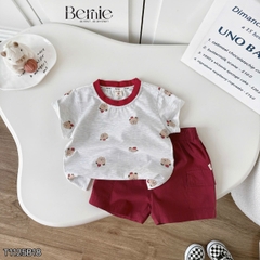 Set bộ thun tay ngắn họa tiết Gấu nhỏ vui nhộn kèm quần short kaki size 9 tới 28kg BERNIE T1125B18