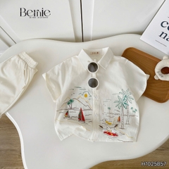 Set sơ mi ngắn tay đi biển cho bé trai bé gái họa tiết Tiny kèm quần short kaki size 9 tới 25kg BERNIE H1025B57